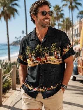 Palmwave Hawaii Woody Wagons Surfboard Print Shirt Black Button Front Size L